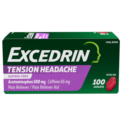 [BRSWIYANCQEGMF3E] Excedrin Tension Headache Relief Caplets, Acetaminophen 500mg, Caffeine 65mg, Pain Reliever, Aspirin-Free, 100 Count
