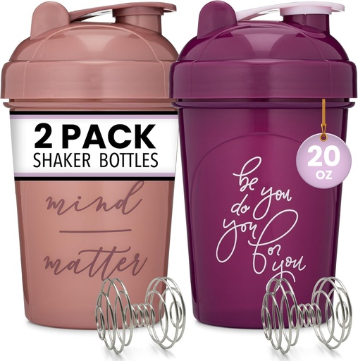 [BRSW2FQDOQAWAEQ2] GOMOYO 2-Pack 20-Ounce Protein Shaker Bottle (Plum & Rose) | BPA Free, Dishwasher Safe Shaker Cups with Motivational Quotes for Gym, Running, Workout Supplements
