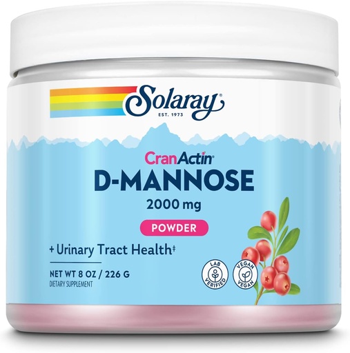 [BRSWIYIFDICBGEL2] SOLARAY D-Mannose with CranActin Cranberry AF Extract Powder, 2000 mg, 400 mg of Cranberry Extract, Healthy Urinary Tract Support, Organic Natural Flavors, 30 Servings, 8 oz