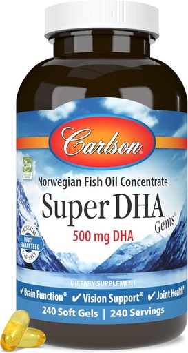 [BRSWIZT3OYOGCCLI] Carlson Super DHA Gems - 500 mg DHA Συμπληρώματα, 640 mg Λιπαρά Οξέα, Νορβηγικό Πυκνό ιχθυέλαιο, Wild-Caught, Βιώσιμα πηγασμένα κάψουλες ιχθυελαίου, 240 Softgels