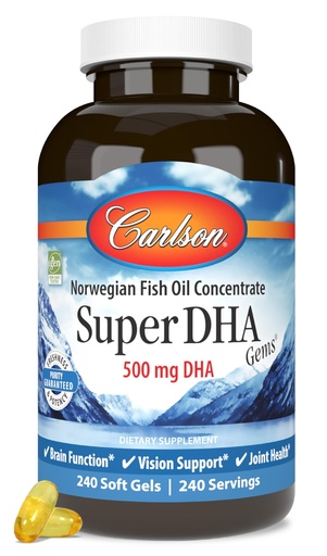 [BRSWIZT3OYOGCCLI] Carlson Super DHA Gems - 500 mg DHA Supplements, 640 mg Fatty Acids, Norwegian Fish Oil Concentrate, Wild-Caught, Sustainably Sourced Fish Oil Capsules, 240 Softgels