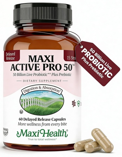 [BRSWIZQCDEAB6G3A] Maxi Health Probiotic Plus Ultimate Prebiotic Advanced Live Probiotics Formula - 50 Billion Live Active Probiotic - 15 Strains - Ultra Protection - Active Pro-50-60 Count