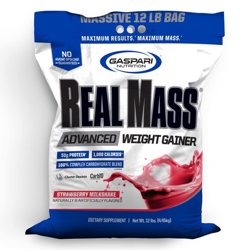 [BRSWIBDROB6WKD3A] Gaspari Nutrition Real Mass: Advanced Weight Gainer, Protein and Complex Carb Blend, 50g Protein, 16g EAAs, Gluten-Free, 12 lbs (Strawberry Milkshake)