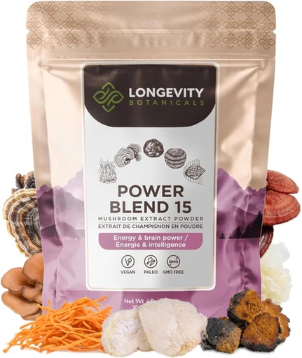 [BRSWGHY7CEAQMFLV] Power 15 Powder Mushroom Blend Supplement 100g | High Strength Extract Complex | With Lions Mane, Turkey Tail, Cordyceps, Reishi, Chaga & Tremella | 20% Beta-D Glucans | Immunity & Vitality Support