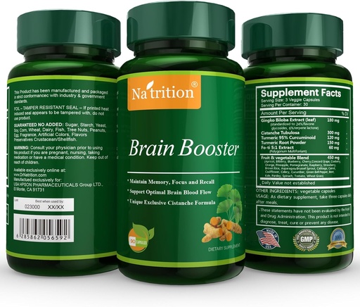[BRSWKGYPBZ5ACF3E] Natrition Brain Booster - Ginkgo Biloba, Turmeric, Cistanche Tubulosa, Fo-ti Extract Blend - Natural Antioxidant Support for Brain Function - Clarity, Focus and Memory Enhance - 90 Veggie Capsules