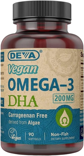 [BRSWIYARA4MAOCTG] DEVA VAGAN Omega-3 DHA Supplement, Once-Per-Day Softgel 200 MG, Carrageenan Free, Gelatin Free, Non-Fish, Algae Oil, Omega-3 Fatty Acids - 90 软胶