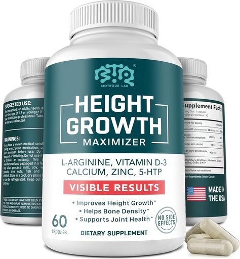 [BRSWYGT4OUCRGETL] Height Growth Maximizer, Calcium, Vitamin D3 and Zinc Blend Pills, Bone Growth Supplement for Kids and Teens, Bone Strength, Density Support, GMO-Free, Gluten-Free, Made in USA, 60 Caps