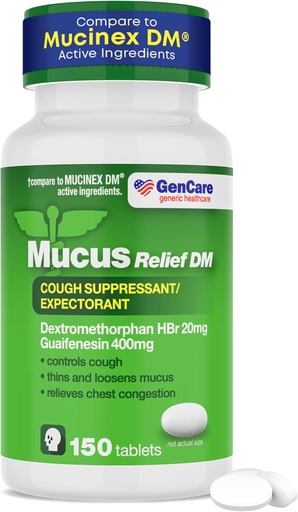 [BRSRM2YTDMNBUYA7] GenCare - Mucus Relief DM (150 Count Value Bottle) Dextromethorphan HBr 20mg Guaifenesin 400mg | Generic Mucus Relief DM | Immediate Release Uncoated Cough & Mucus Expectorant Pill