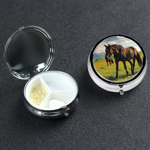 [BRSRAAALBMOWKYDF] Pill Case Pill Box med Mirror Small Pill Organizer 3 Compartment Grazing Wild Horses Roud Travel Pillbox för Purse eller Pocket Portable Pill Container Cute Medicine Organizer