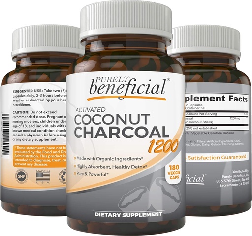 [BRSWGFAQCR6AM3AZ] Aktiverad Coconut Charcoal 1200mg, 180 kapslar - piller för Digestive System, Bloating, Vegan (1bottle)