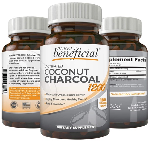[BRSWGFAQCR6AM3AZ] PURELY beneficial Activated Coconut Charcoal 1200mg, 180 Capsules - Pills for Digestive System, Bloating, Vegan (1bottle)