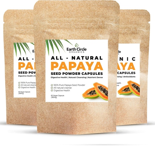 [BRSW22QCB4DQ433B] Papája Seed Powder Kapsle - Výkonný Papain dodatek s vitamíny A, C, & E & Enzymy pro stravovací & Gut zdraví - 360mg / Serving - 60 Vegan Kapsle na balení (Balení 3, 90- 180 denní zásoba)
