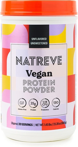 [BRSWYEI5OYFBO3DH] Natreve Vegan Protein Powder - 25g Plant Based Protein Powder with Probiotics and Amino Acids - Gluten Free & Unflavored, 20 Servings