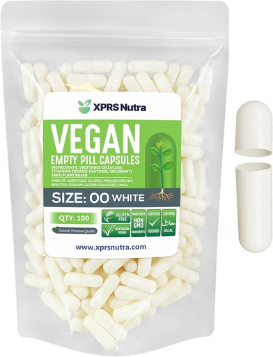 [BRSWGCARBBYQGH3A] XPRS Nutra Size 00 Empty Capsules - 100 Count Empty Vegan Capsules - Vegetarian Empty Pills - DIY Vegetable Capsule Filling- Veggie Pill Caps (White)