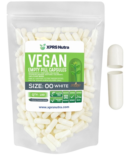 [BRSWGCARBBYQGH3A] XPRS Nutra Size 00 Empty Capsules - 100 Count Empty Vegan Capsules - Vegetarian Empty Pills - DIY Vegetable Capsule Filling- Veggie Pill Caps (White)