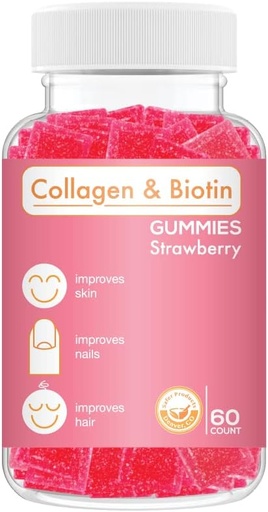 [BRSW2BQ2OEORGAAU] Collagen Biotin Gummies - Supports Hair, Skin & Nails Hair Growth Anti Aging Care Chewable Gummy Vitamins, Vegan, Non-GMO, Gluten Free, Gelatin Strawberry Flavor 60 Count, Pink