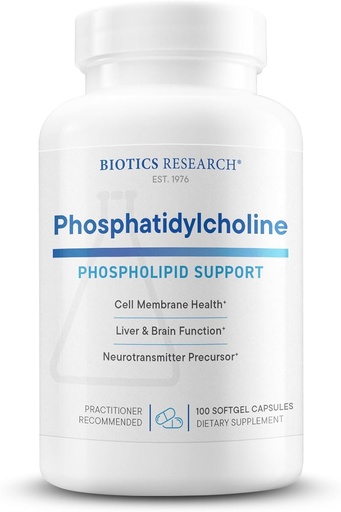 [BRSWIEYMCAGWCGTE] Biotics Research Phosphatidylcholine 420 mg/softgel, Funtzio kognitiboa osasuntsua, Lecithin-etik eratorria, du Choline Neurotransmitter Acetylcholine-rako, 100 zerbitzari