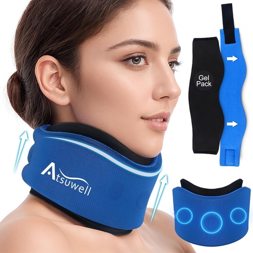 [BRSRA233OIDRUYLB] Atsuwell Neck Brace for Sleeping, Soft Cervical Collar for Support, Adjustable Neck Support Brace with Hot Cold Gel Packs Reusable for Office Pressure, Fatigue, Blue