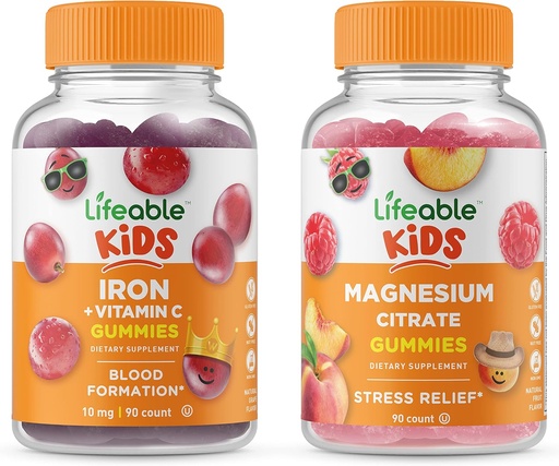 [BRSRMYIYCANQA3I2] Lifeable Magnesium Citrate Kids + Iron & Vitamin C Kids, Gummies Bundle - Great Tasting, Vitamin Supplement, Gluten Free, GMO Free, Chewable Gummy