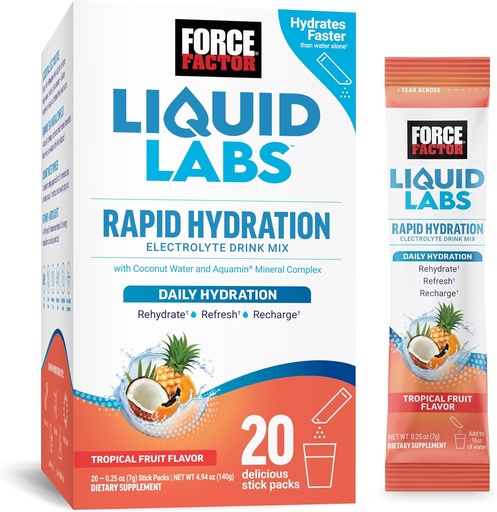 [BRSROYATCQHR6DLG] FORCE FACTOR Liquid Labs Electrolytes Powder Packets -Tropical Fruit-Hydration Packets para facer auga de electrólitos, con 5 electrólitos esenciais, vitaminas, minerais e antioxidantes, 20 Stick Packs