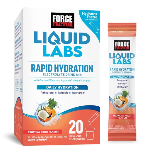 [BRSROYATCQHR6DLG] Force Factor Liquid Labs Electrolytes Powder Packets—Tropical Fruit—Hydration Packets to Make Electrolyte Water, with 5 Essential Electrolytes, Vitamins, Minerals, and Antioxidants, 20 Stick Packs