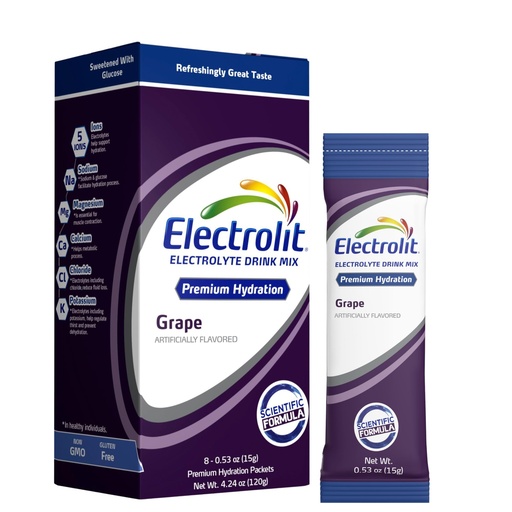 [BRSROEICPJ7R6CTH] Electrolit Electrolytes Powder Packets, Grape 8 Pack, Powdered Hydration Packets for Dehydration & Rehydration, Post Workout Flavored Hydrating Drink Mix, Gluten Free Daily Water Enhancer Sticks