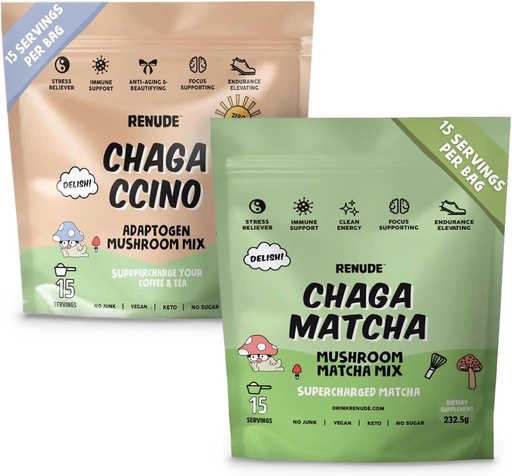 [BRSRAFDQAUCRO2A6] Renude Chaga Matcha and Chagaccino - Chaga Mushroom Powder for Coffee and Matcha, Mushroom Drink Mix with Adaptogens, Natural Energy and Immune Support, Vegan, Keto - 15 Servings Each