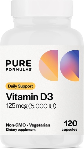 [BRSROAT7C57QODLZ] PureFormulas Vitamin D3 5000 IU 125mg - Pure vitamin D Supplement for sunn beinformasjon, tenner, kardiovaskulær helse og immunstøtte ikke-GMO - 120 greve vegetariske kapsler