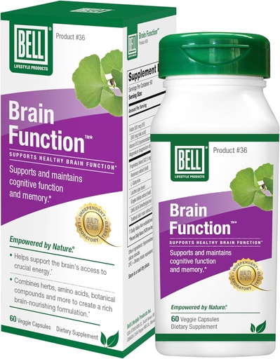 [BRSWYEAYA4MWMG3A] Bell Brain Function Lifestyle, Supports Cognitive Health with Ginkgo, Vitamin B12, Folate - 60 Vegetarian Capsules