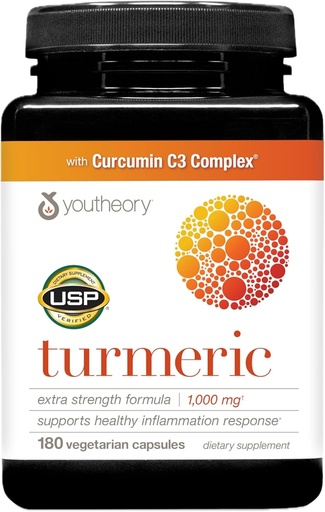 [BRSWGFD2DMIAKAY7] Youtheory Turmeric Extra Strength - 1,000 mg Turmeric Supplement - with 10 mg Black Pepper - Curcumin Joint Support* - Soy, Dairy & Gluten Free - 180 Vegetarian Capsules
