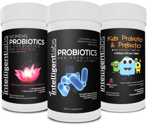 [BRSW223YCANBOFDA] Intelligent Labs 3-in-1 Probiotics with Prebiotics Bundle for The Whole Family: Kids + Adult 50 Billion CFU + Women’s Probiotics, No Refrigeration Needed, 2 Months Supply Per Bottle