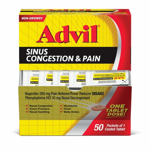 [BRSWIZQRBYFQKEY5] Advil Sinus Congestion and Pain, Sinus Relief Medicine, Pain Reliever and Fever Reducer with Ibuprofen and Phenylephrine HCl - 50 Coated Tablets