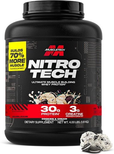 [BRSWI2QAAB4Q2YI5] Muscletech Whey Protein Powder (Cookies & Cream, 4 Pfund) - Nitro-Tech Ultimate Muscle Building Formula mit Whey Protein Isolate - 30g Protein, 3g Creatine & 6.8g BCAA - Packaging May Vary
