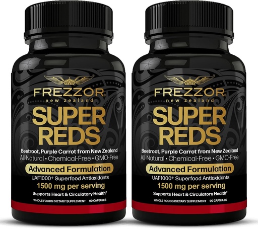 [BRSWYGD7OR6BQALX] FREZZOR Super Reds Capsules with UAF1000+, All-Natural New Zealand Red Superfood Energy, Essential Red Fruits Veggies & Beets, Antioxidants, Enzymes, Energy Supplements, 180 Capsules, 2 Bottles