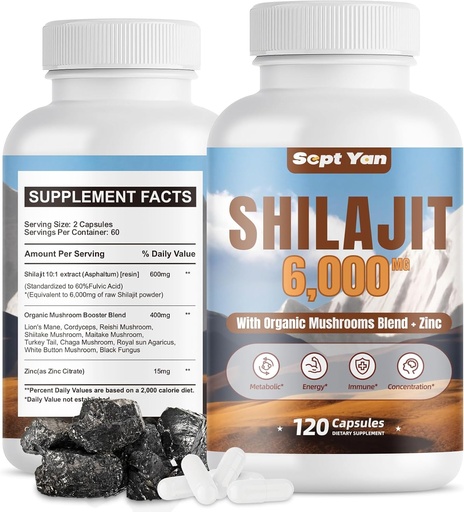 [BRSROAAQBF5GK3LZ] Shilajit Himalayan Capsules - Pure Himalayan Organic Supplement with Mushrooms Blend, Zinc - 2 Month Supply for Strength, Stamina, Brain & Immune Health - Shilajit for Women & Men 120 Count Vegan