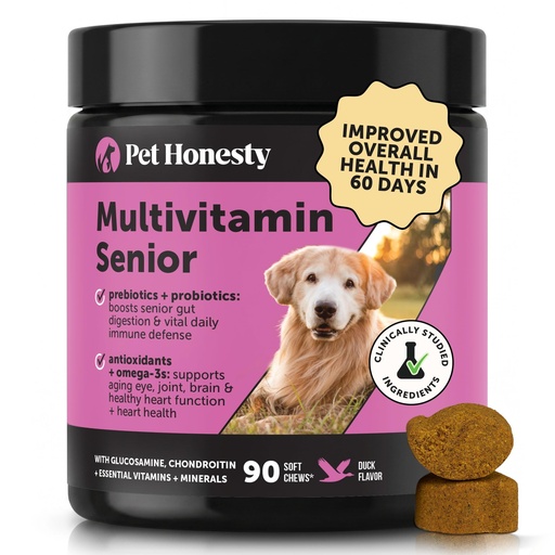 [BRSWGCYQBVYQ4DIY] Pet Honesty Vet Recommended Senior Dog Multivitamin, 90 Ct, Duck | 10-in-1 Dog vitamins for older dogs, supports hip & joint stiffness, eye, brain & heart health, with glucosamine & probiotics