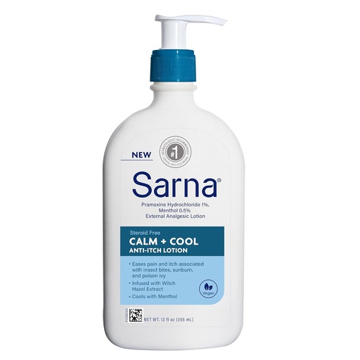 [BRSROAI5AR5AMALF] Sarna Calm + Cool Anti-Itch Lotion, Soothe and Relieve Pain and Itch from Insect Bites, Sunburn, & Poison Ivy, Contains 1% Pramoxine Hydrochloride, 0.5% Menthol, Vegan, Steroid-Free, 12 oz