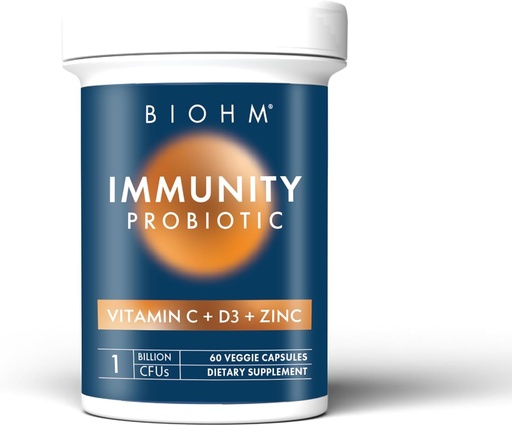 [BRSW2CYLBNYA4CTP] BIOHM Immunity Probiotic with Vitamin C, D3 & Zinc, 1 Billion CFU (60 Capsules) Daily Probiotics for Women & Men, Digestive Health & Immune Support, Vegan, Gluten-Free and Non-GMO