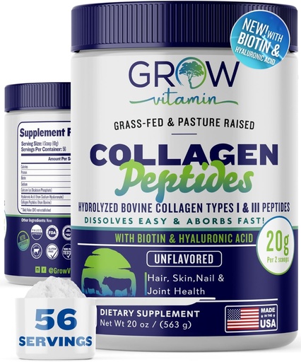 [BRSWYEIQOQJR4AY7] Collagen Peptides Powder 20g Hyaluronic Acid & Biotin - makuamaton Grass Fed Collagen Powder Hydrolysed tyyppi I & III Kollageeni täydentää - hiukset, kynnet, iho & niveltuki - 56 tarjoilut