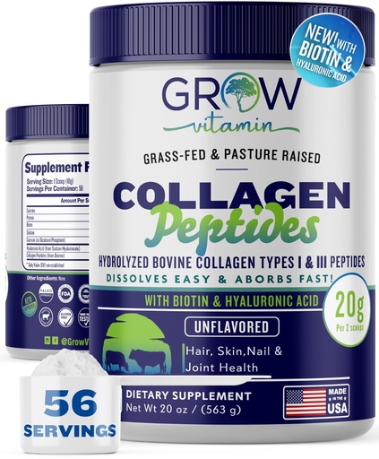 [BRSWYEIQOQJR4AY7] Collagen Peptides Powder 20g with Hyaluronic Acid & Biotin - Unflavored Grass Fed Collagen Powder with Hydrolyzed Type I & III Collagen Supplements - Hair, Nail, Skin & Joint Support - 56 Servings
