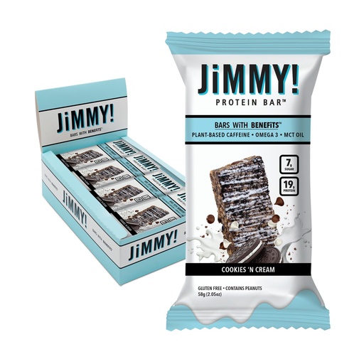 [BRSWGGILCUDQM23K] JiMMYBAR! - Cookies N Cream Protein Bars 19g Protein Bar - 7g Low Sugar - 12 Count - 58g Health Bars - Functional Snack with Real Food Ingredients - Hand-Drizzled Chocolate - Made With Real Peanuts