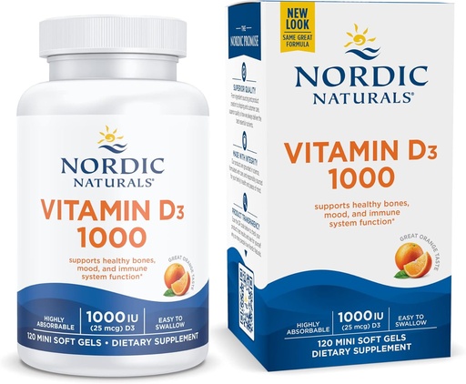 [BRSWIYADBQNGGDT6] Nordic Naturals D3 1000, Orange - 120 Mini Soft Gels - 1000 IU Vitamin D3 - Støtter Sunn Bones, Mood & Immune System funksjon - Non-GMO - 120 Services