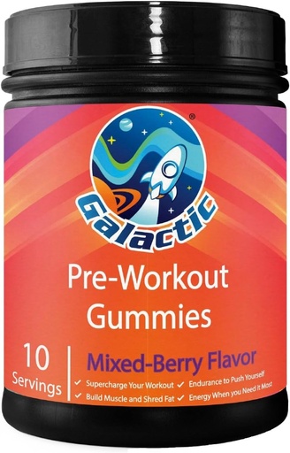 [BRSROATQOEHQO3YZ] Galactic Pre-Workout Gummies, All Natural, 250mg Caffeine, Beta-Alanine, L-Citrulline, L-Theanine, Chromium Picolinate, 10 Servings