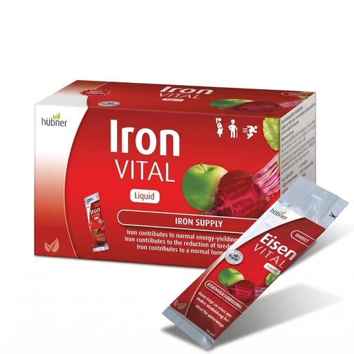 [BRSRMCAYCMNQEYDU] hübner Iron Vital Liquid Iron Supply Plus Vitamin C, Dietary Supplement for Adults and Kids, Vegan and Gluten-Free, Fruit Flavor, Box of 20 Packets, 10 ml Each