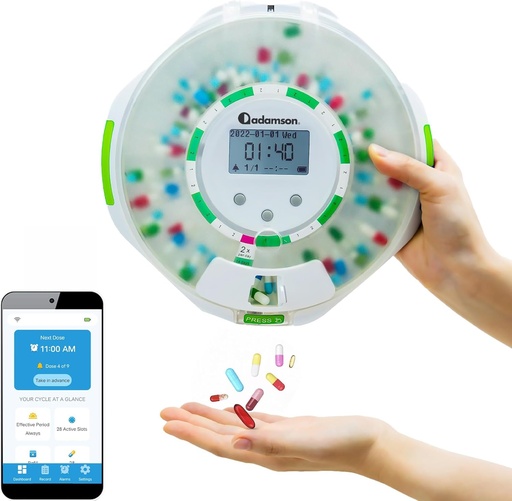 [BRSROCYTPIHBOELK] Adamson TimelyMed Smart Pill Dispenser Machine Hälytys + WiFi App Monitoring + 28 päivän lääketieteen Dispenser + Automaattinen pilleri Dispenser vanhuksille Hälytys & Alzheimers Care + Lock Key + Valkoinen vihreä