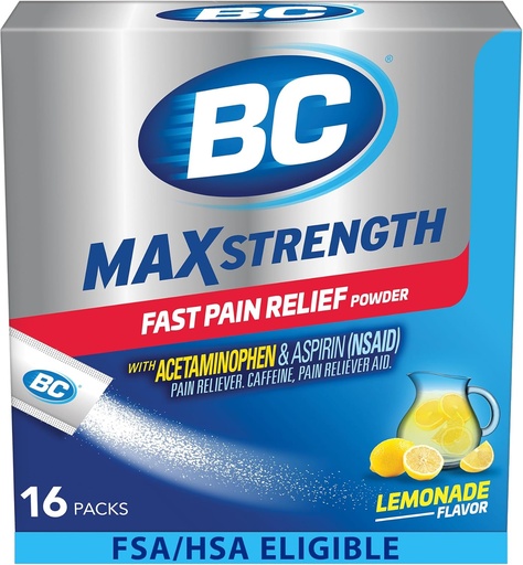[BRSWYZIKCEMA4EI3] BC MAX Sterkte Snelle pijnverlichting Poeder, Limonade smaak Aspirine 500 mg en Acetaminophen 500 mg Oplossen Packs, 16 Tellen