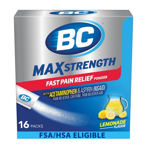 [BRSWYZIKCEMA4EI3] BC Max Strength Headache Relief Powder, Triple-Action Formula with Acetaminophen, Aspirin & Caffeine Eases Aches & Pains, Lemonade Flavor, 16 Count