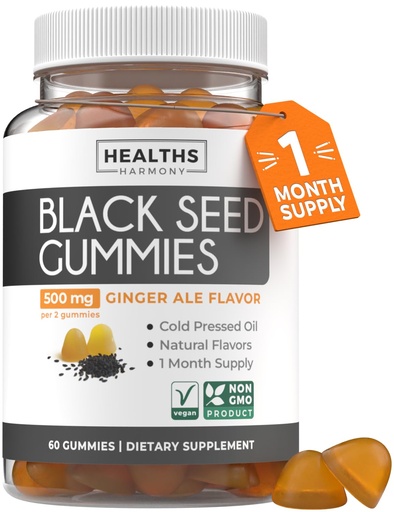 [BRSRAGALDEFGGDLV] Black Seed Oil Gummies - Natural Ginger Ale Flavor (Non-GMO & Vegan) Cold-Pressed Nigella Sativa Producing Pure Black Cumin Seed Oil - 500mg Per 2 Gummy Serving