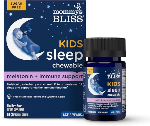 [BRSROBD5BMDWMFLD] Mami's Bliss Kids Sleep + Immunity 1 mg Melatonin Chewable, Contiene Magnesio, Elderberry y Vitamina D, Sugar Gratis, 3 Años+, 1 Botella (50 Tabletas)