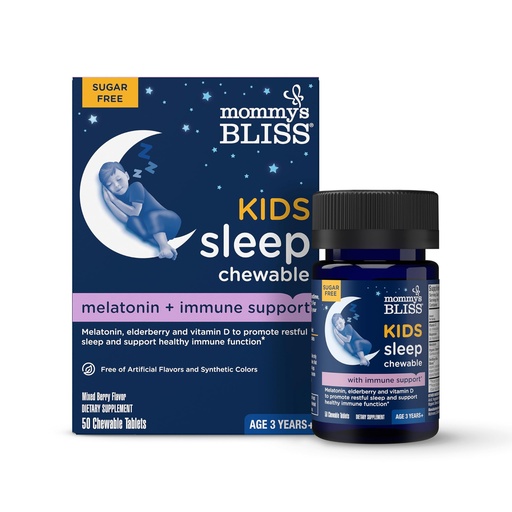 [BRSROBD5BMDWMFLD] Mommy's Bliss Kids Sleep + Immunity 1 mg Melatonin Chewable, Contains Magnesium, Elderberry, and Vitamin D, Sugar Free, 3 Years+, 1 Bottle (50 Tablets)